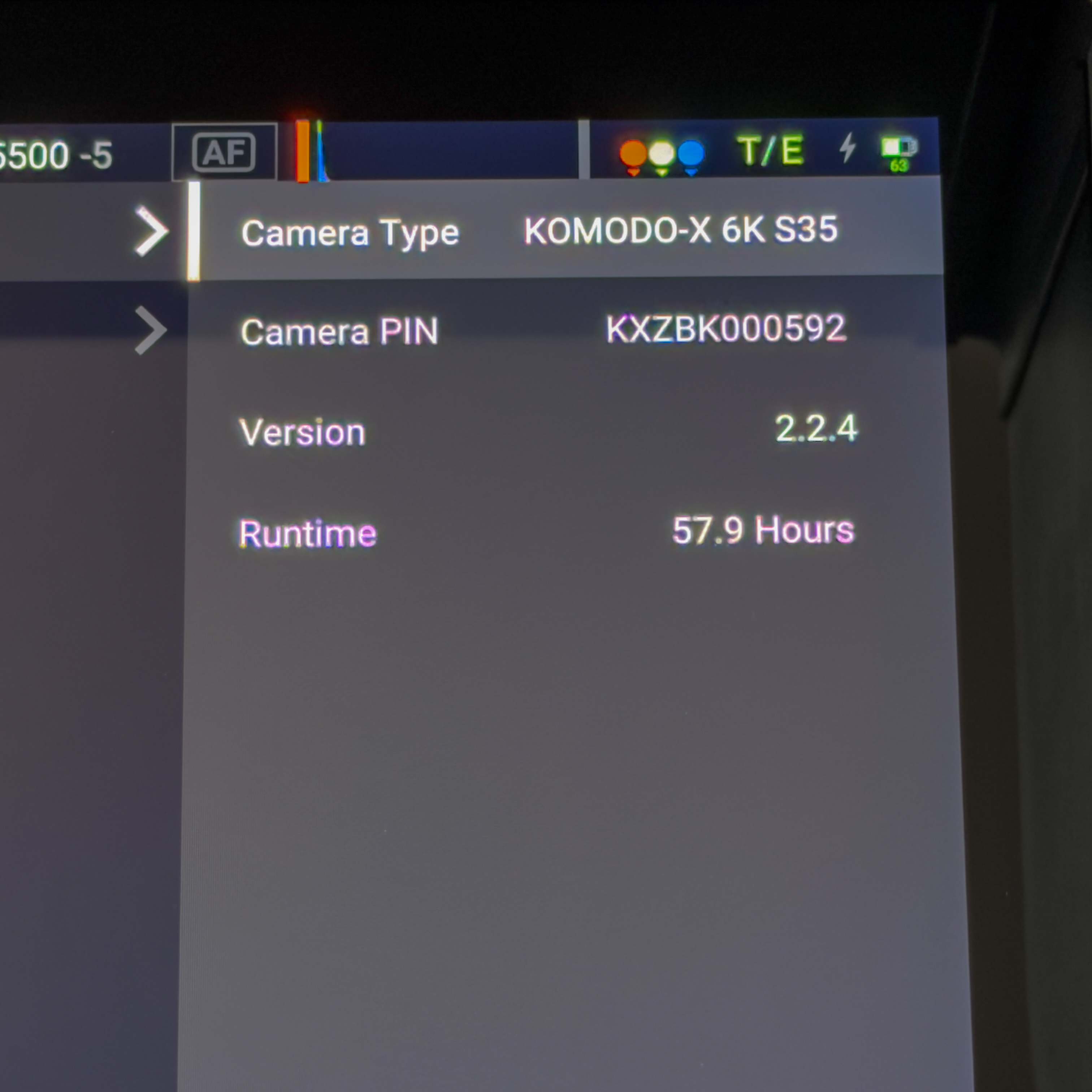 Camera information screen documenting firmware 2.2.4 and 57.9 operating hours